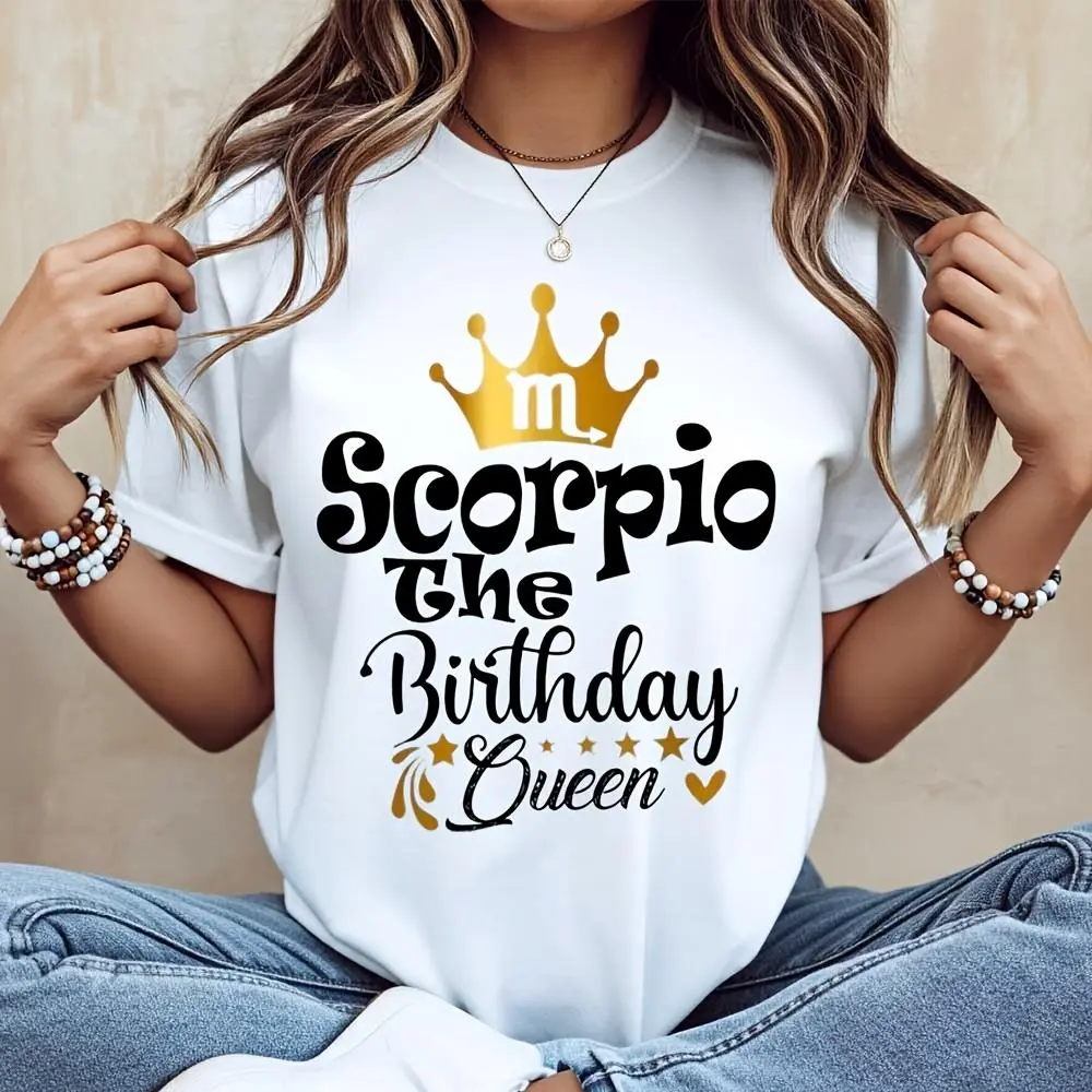 Scorpio The Birthday Queen Crown Graphic Print, T-Shirt, Zodiac Astrology Birthday Gift For Women, Casual Daily Wear Party Outfit