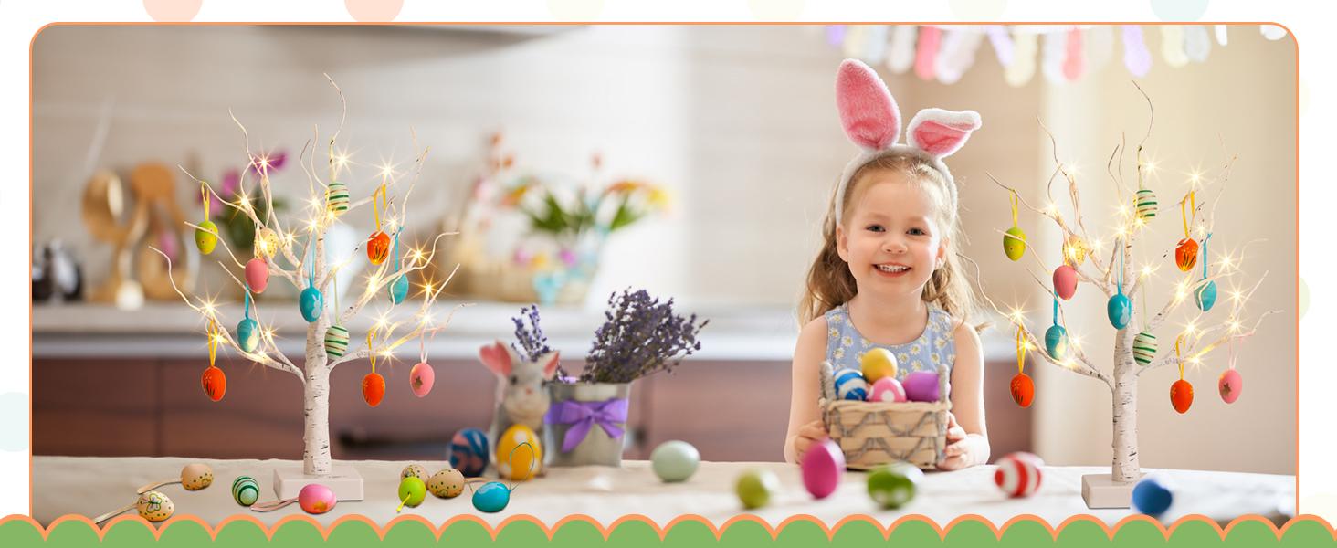 PEIDUO Easter Decorations Lighted White Birch Tree with 18x2 Eggs Ornaments Battery Powered Timer 24 LED Tabletop Centerpiece Spring Home Decor 2 Pack