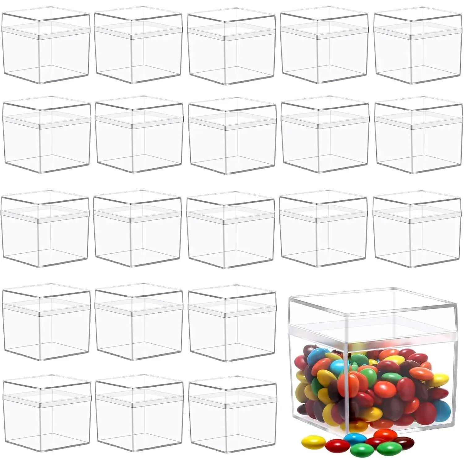 100 Pcs 2 x 2 x 2 Inch Clear Acrylic Plastic Box with Lid Square Candy Containers for Party Favors Small Square Cube Storage Candy Box for Pill Tiny Earring Jewelry Herb Bead Gifts