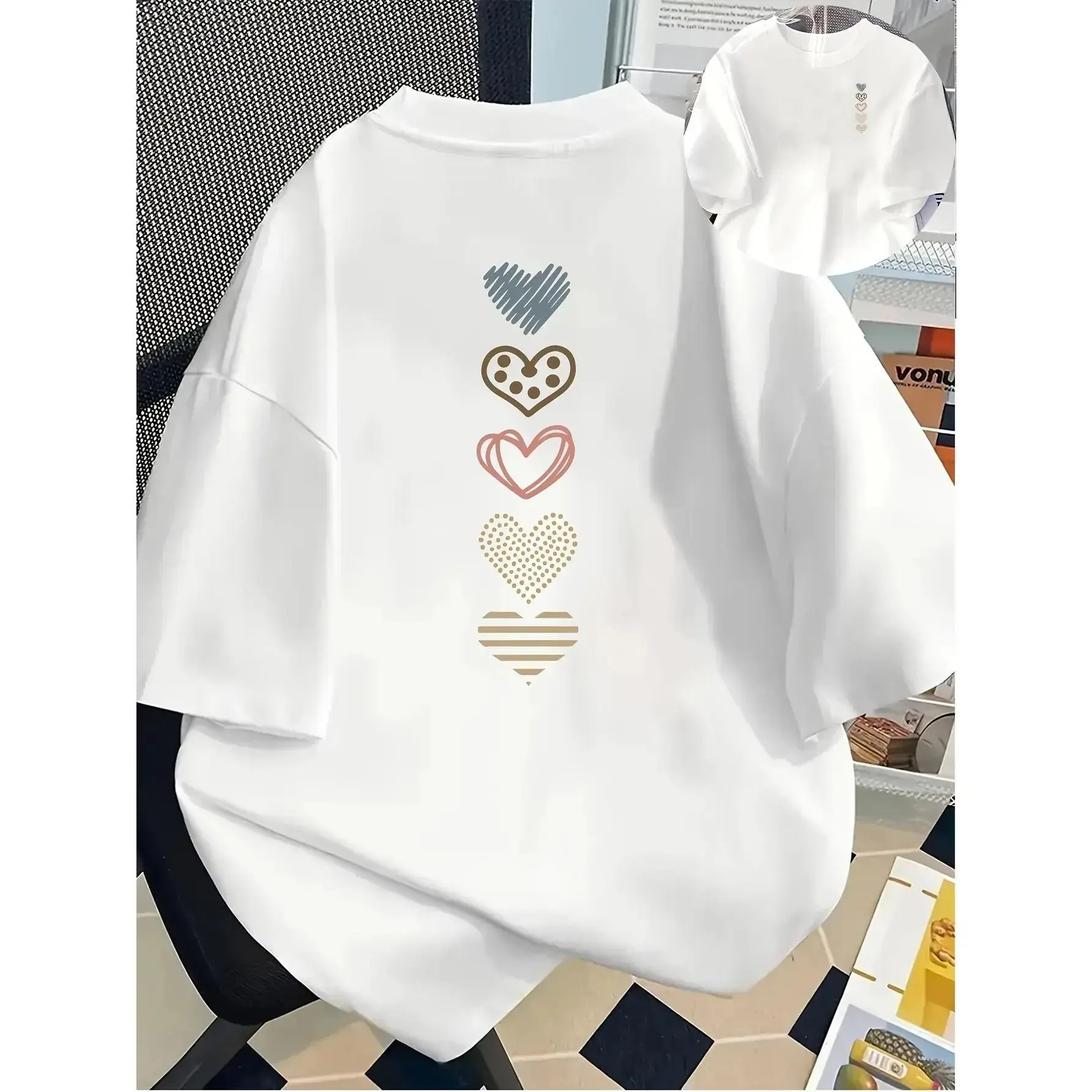 Women's Casual Heart Print T-Shirt, Cotton Double-Sided Printed Short Sleeve Top, Round Neck Classic Fit Tee
