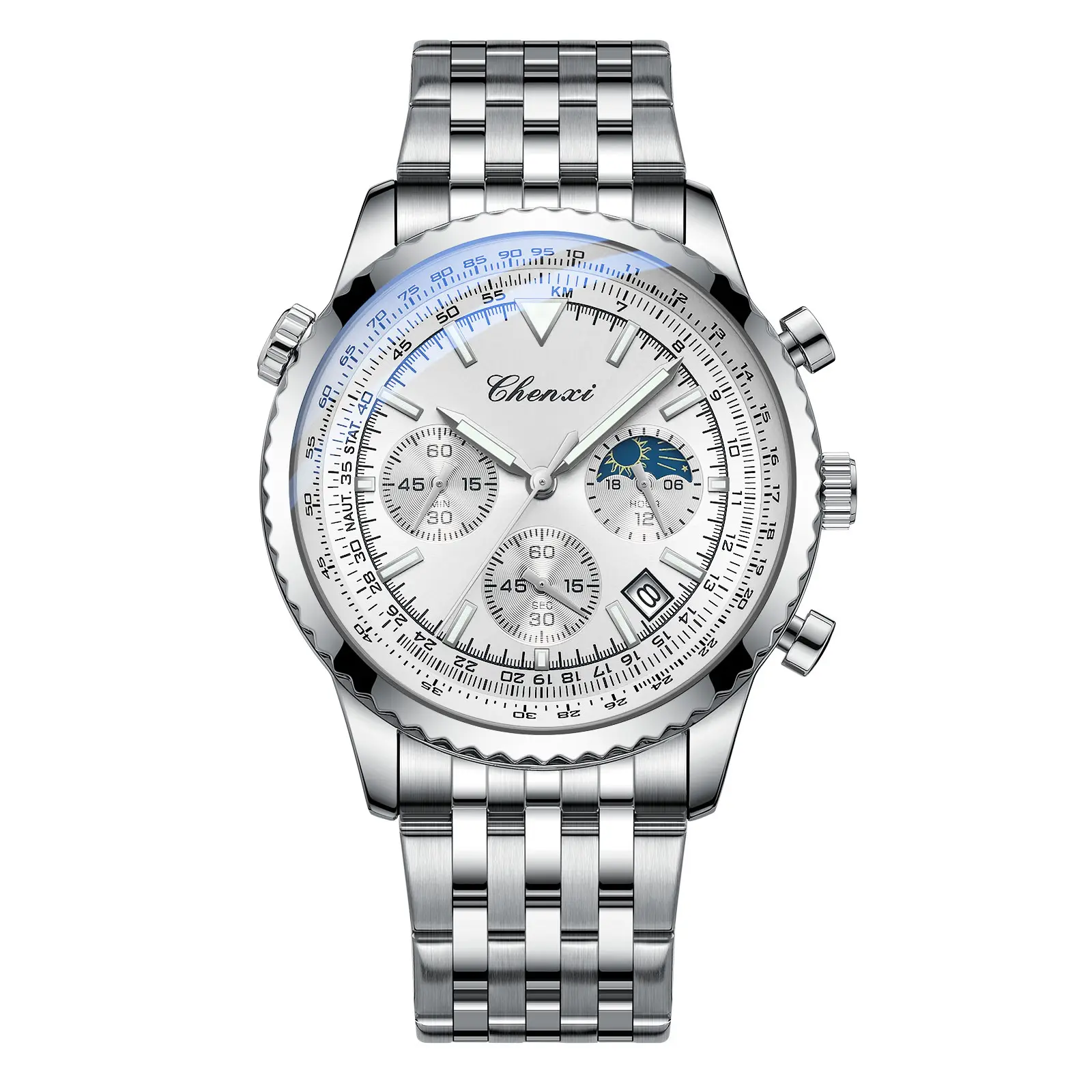 OIDEA Men's Silver Analog Quartz Chronograph Watch - 3ATM Water Resistant, Stopwatch, Moon Phase Dial, Glow-in-the-Dark Display, Date Window, Stainless Steel Detachable Band, Business/Casual Male Accessory Watch, Casual Watch