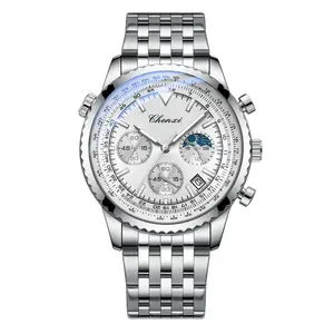 Quartz Silver Watch Men: 3ATM Waterproof Dress Stopwatch Stainless Steel Detachable Strap Moon Phase Analog Luminous Dial Date Business Wristwatch