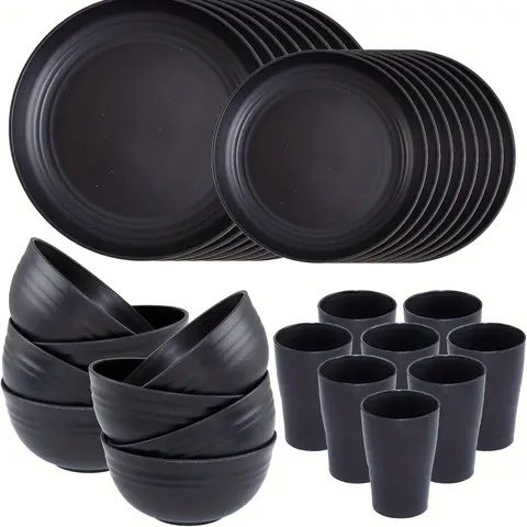Black Wheat Straw Reusable Unbreakable Plastic Dinner Set - 32/16-Piece Solid Modern Tableware, Serves 8/4 People, Includes Plates, Dessert Plates, Cereal Bowls, Cups, for Party & Everyday Kitchen Use