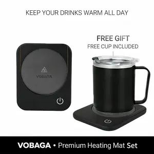 VOBAGA Self-heating Coffee Mug Warmer Set with 15oz Stainless Steel Mug 3 Temperature Settings 4-Hour Auto Shut-Off Smart Safety Protection Portable Gift-Ready for Coffee Tea Milk Candle Warmer,VOBAGA Heated Coaster & Set – Keep Your Drinks Warm Anytime