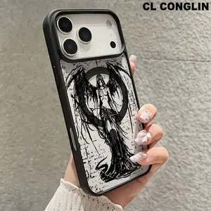 Black Dark Angel Pattern Magnetic MagSafe Phone Case for iPhone 17 Air/16 Pro Max 15 Pro 14 13 12 11 Plus Lightweight Shockproof Slim Protective Cover Supports Wireless Charging, Anti-Yellowing, TPU & Acrylic Mobile phone case