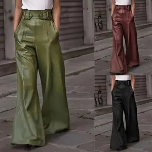New Fashion Belt Leather Pants High Waist Loose Pockets Waist PU Leather Bell-Bottom Pants Casual Trousers Womenswear Comfort