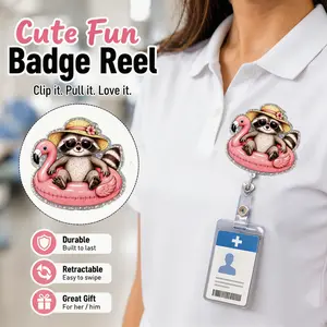 Cute Summer Raccoon Flamingo Float Retractable Badge Reel, Funny Animal ID Badge Holder with Alligator Clip, Glitter Badge Reel for Office Workers, Employees & Coworkers