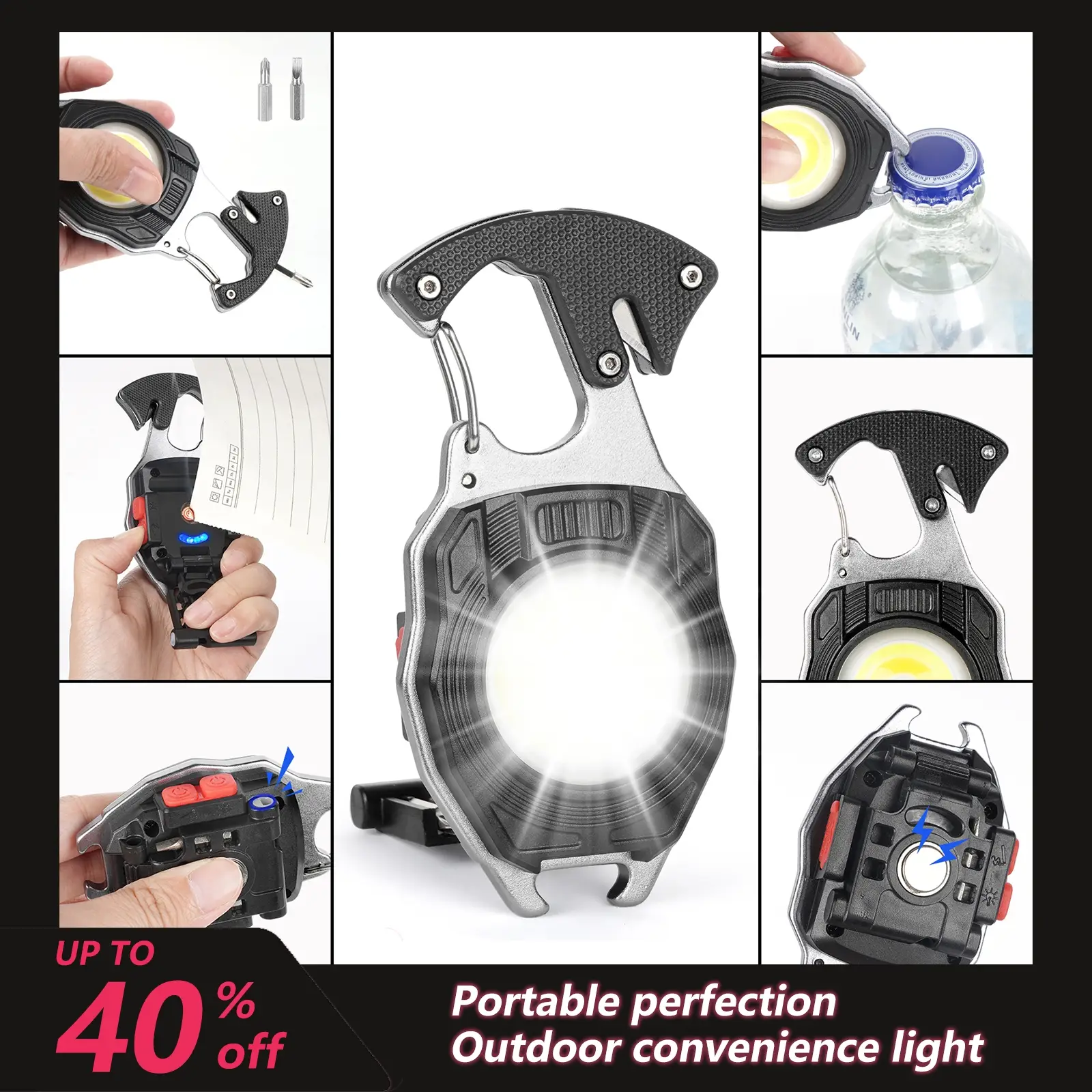 Outdoor portable work light flashlight. USB rechargeable, brightness up to 1000 lumens. Magnet, bottle opener, screwdriver, whistle emergency light. W