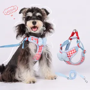 Cute Checkered Bow Tie Dog Harness Anti-Pull Dog Collars Adjustable Pet Harnesses Vest for Small  Dogs Walking Pet Supplie