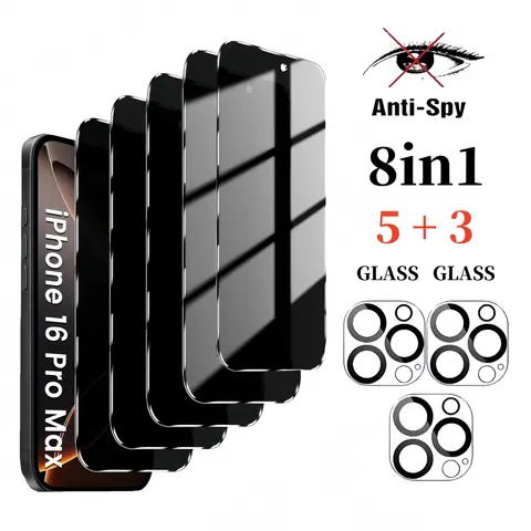 [8-in-1] Smartphone Protector Kit: 5+3 Pieces Privacy Screen Protector & Camera Lens Shield for iPhone 13/14/15/16/16E/16 Plus/17 Pro Max Plus/17 Air, 9H Hardness Anti-Spy Anti-Fingerprint Tempered Glass, Case-Friendly