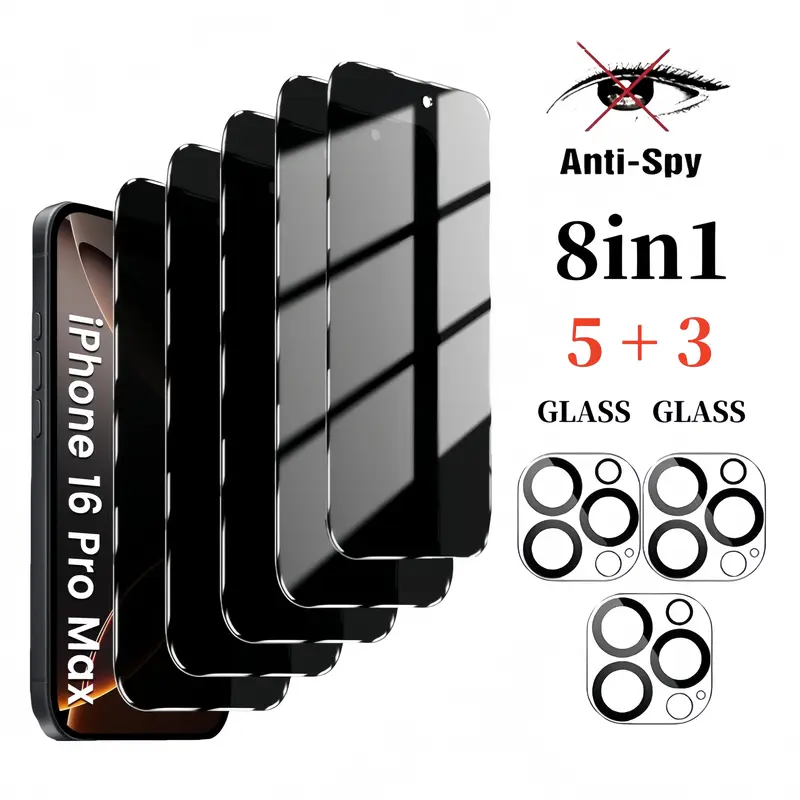 [8-in-1] Smartphone Protector Kit: 5+3 Pieces Privacy Screen Protector & Camera Lens Shield for iPhone 13/14/15/16/16E/16 Plus/17 Pro Max Plus/17 Air, 9H Hardness Anti-Spy Anti-Fingerprint Tempered Glass, Case-Friendly