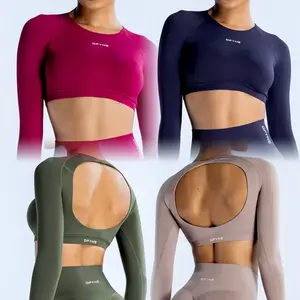 Dfyne Dynamic Long Sleeve Crop Top with Logo Women Short Sleeve Yoga Top Light Weight Gym Crop Top Seamless Bicycle Sports Long Sleeve