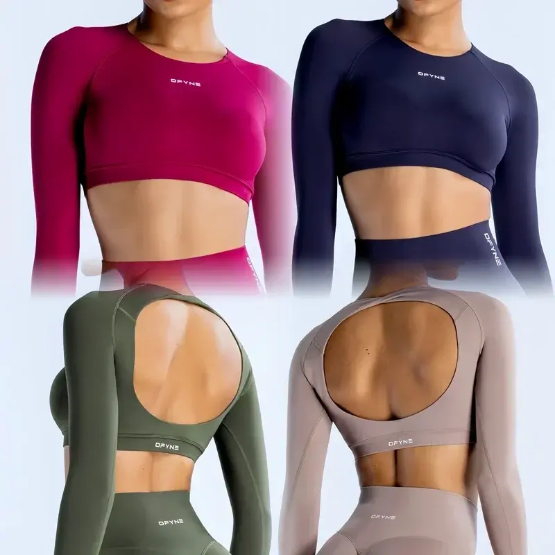 Dfyne Dynamic Long Sleeve Crop Top with Logo Women Short Sleeve Yoga Top Light Weight Gym Crop Top Seamless Bicycle Sports Long Sleeve Activewear Fitness Athletic Compression Shirts