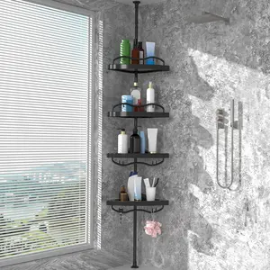 AGS Black Corner Shower Caddy Tension Pole - Heavy Duty Rustproof Stainless Steel Shower Organizer with 4 Adjustable Shelves, No-Drill Free Standing for Bathroom, Bathtub, RV,54" to 114" Tall