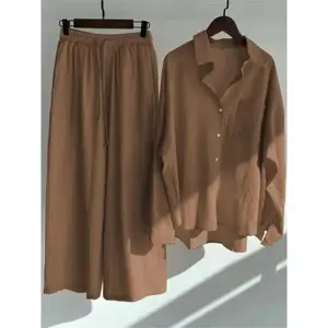 2025 Spring/Summer Women’s Two-Piece Set – Casual Long-Sleeve Button-Front Shirt + Casual Wide-Leg Pants