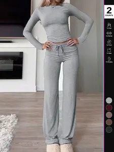 2026 Two Pieces Fall Women Clothes Y2K Sporty Casual Home Solid Color Fitted Long-Sleeved T-Shirt And Long Pants Set
