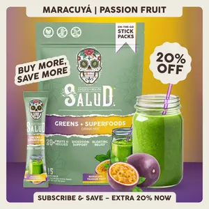 Salud 2-in-1 [Greens + Superfoods – Passion Fruit] Daily Greens Drink Mix, Agua Fresca, Gut Health & Bloating Support, Probiotics & Prebiotics, Vegan, Non-GMO, Easy-to-Drink Greens Powder (15 Servings)