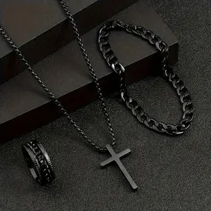 3Pcs Stainless Steel Punk Jewelry Set, Unique Cuban Black Chain Necklace, Bracelet, and Ring, Perfect Valentine's Day Gift for Men