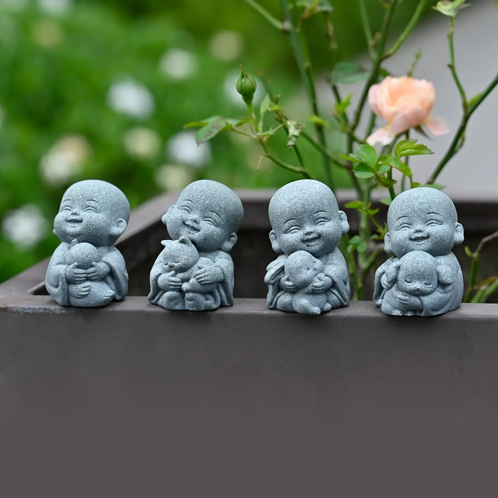 4Pcs Home Decor, Religious Home Decor Zen Figurines - Pet-Hugging Buddha Statues for Bonsai/Tea Pet/Fairy Garden/Aquarium, Indoor Ornaments, Garden Sculpture - Holiday Gifts Father's Day, Home Essentials, Spiritual Decor, Religious Decorations