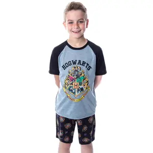 Harry Potter Pajamas Boys' Hogwarts Castle Crest Logo Raglan Shirt and Shorts 2 PC Pajama Set