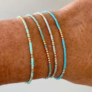 4pcs Elegant & Vintage Handmade Beaded Stretch Bracelet Set in Blue and Golden, Perfect for Daily Wear or Vacation