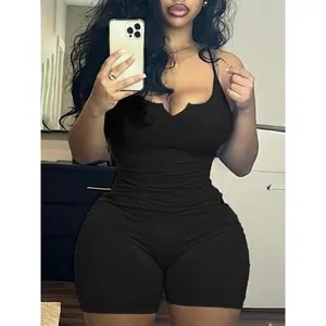 Women’s solid color/heart print ribbed cami romper with notched neckline, casual basic sleeveless spaghetti-strap skinny summer romper, ladies’ clothing for daily wear GARMENTARY