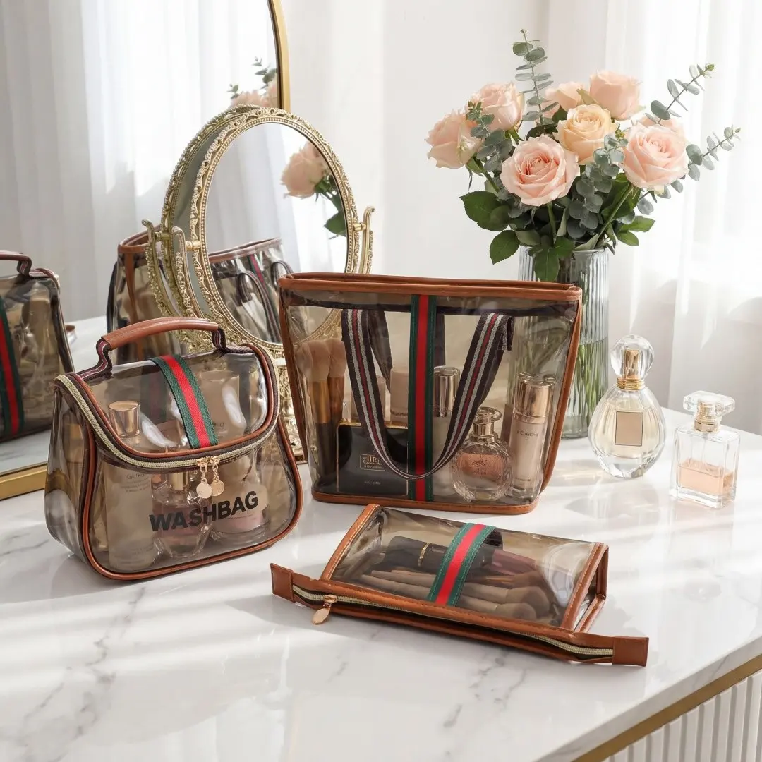 Vintage Luxury Transparent Makeup Bag, Transparent Vanity Bag, Portable Tote Handbag Makeup Organizer Pouch, Multiple Sizes Available for Gym, Swim and Bath Storage, Vintage Cosmetic Bag, Transparent Cosmetic Bags