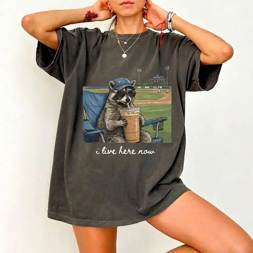 Women's Fitted Checkered Cotton Shirt - Round Neck Short-Sleeve, Funny Raccoon Graphic, Baseball Mama Style Top for Ballfield Tournaments, Casual Wear, Bow Accent, Cold Wash, Do Not Bleach, Holiday, Plaid