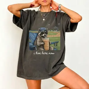 Women's Fitted Funny Raccoon Graphic Cotton Tshirt - Casual Wear Top, Baseball Mama Style Clothes for Ballfield Travel Tournaments