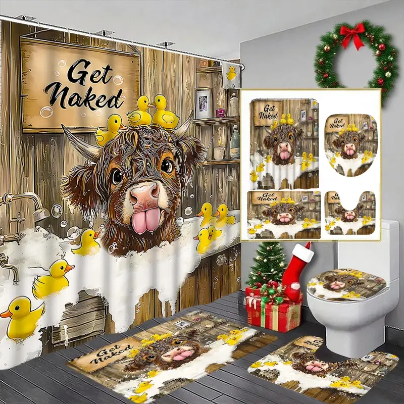 West Highland Cow Bath Curtain Set, Waterproof Bathroom Curtain, Creative Duck Play Design, Bathroom Decor with 12 Hooks, Includes Mat, Toilet Pad, U-Shaped Pad