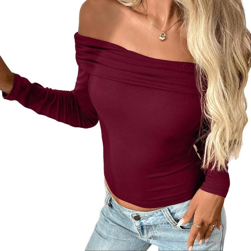 Women's Off The Shoulder Long Sleeve Ruched Slim Fit Crop Top