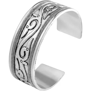 Chunky Silver adjustable Cuff Open Bangle Bracelet with Pattern Design for Women, Ethnic Boho Jewelry Gift for Her