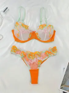 Women's Colorblock Floral Embroidery Sheer Bra & Thong Two-piece Set, Adjustable Strap Backless Lingerie & Panty Set, Lingerie Set for Women,bras,bras for plus size,curvy,cool girl outfits,altgirl, Underwear Women