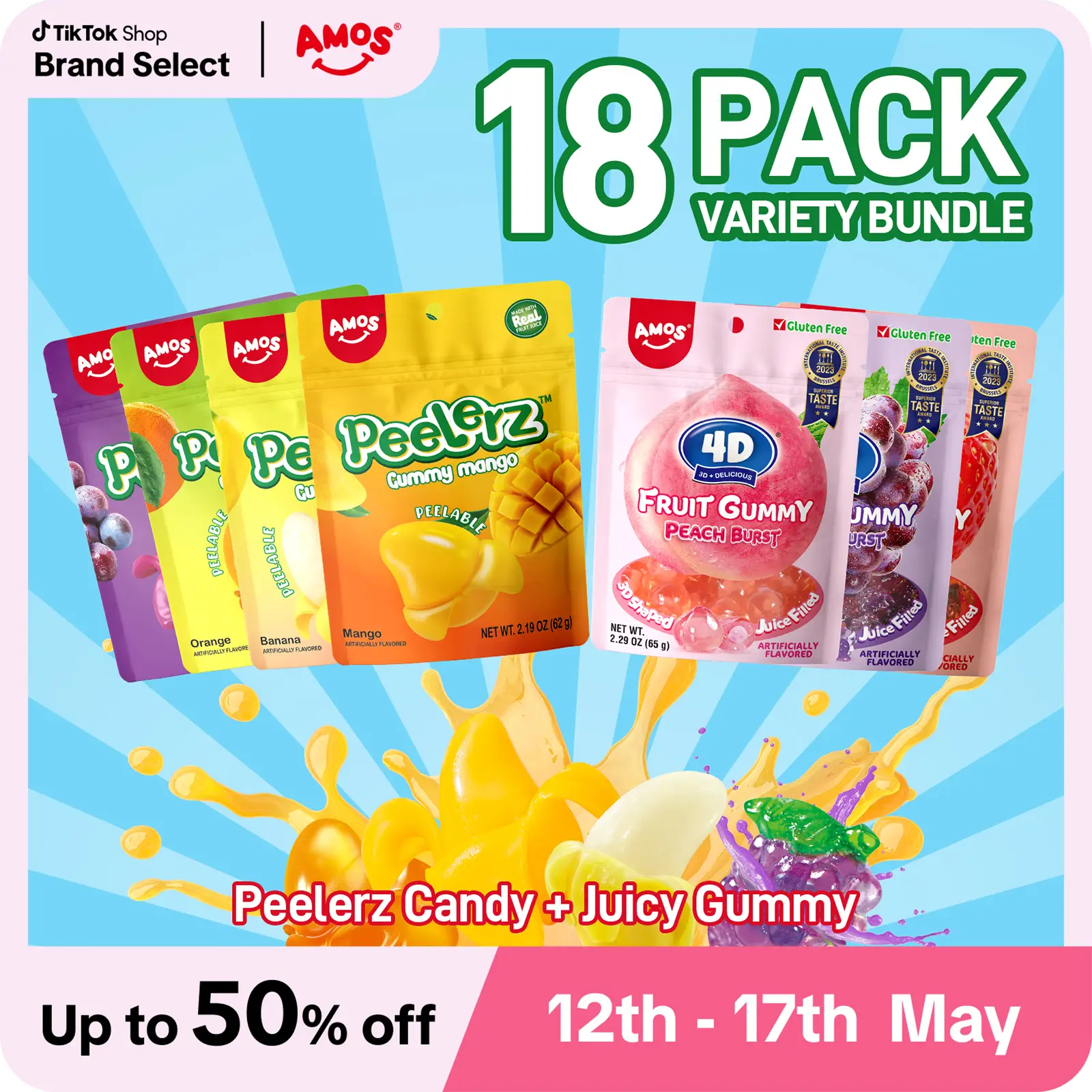 (live)Amos18-Pack Peelerz & Blocks Bundle | Peelerz 5 Flavors: Mango, Orange Peach, Banana, Grape +4D brust 3Flavors: strawberry peach grape 4D brust