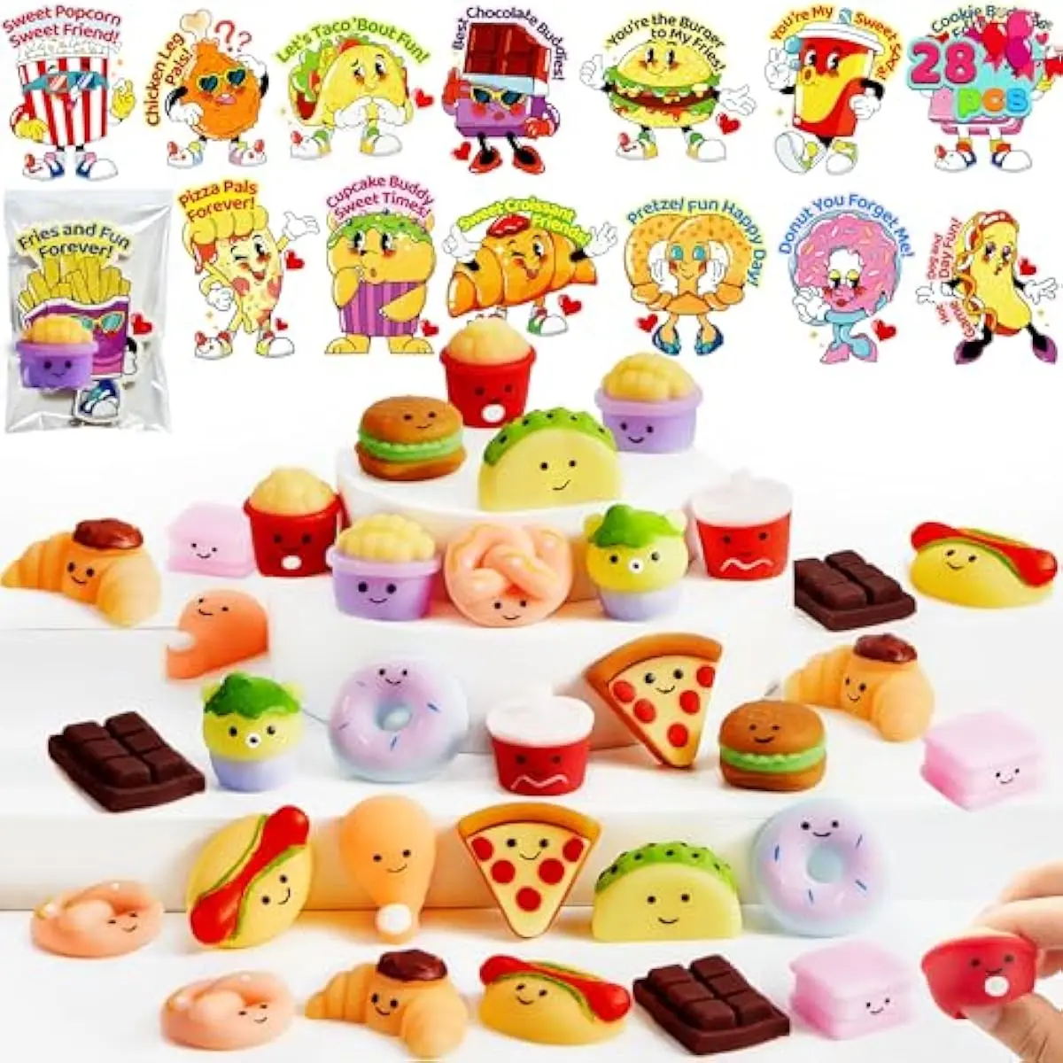 28 Packs Valentines Day Mochi Squishy Toy Gift Cards for Kids, 14 Designs Kawaii Desserts Mochi to Squeeze with Card, Stress Relief Fidget Toy for Kids Classroom Exchange Prizes Party Favor