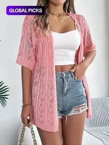Women's Plain Hollow-Out Sheer Drop-Shoulder Cardigan, Casual Half-Sleeve Open-Front Fit Knitwear for Summer, Fashion Women's Knitwear for Daily Wear, Tops