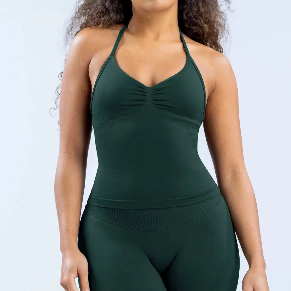 Women’s Sculpting Workout Set, Seamless Halter Neck Top & High Waisted Leggings, Ruched Front Activewear Outfit for Pilates, Yoga, Gym & Everyday Wear