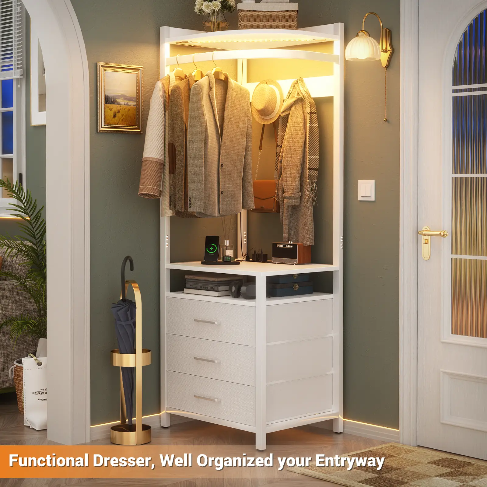 Cyclysio Corner Dresser with Hanging Rack, 70'' Tall Corner Closet with Power Outlets & LED Lights, Small Dresser with 3 Drawers & 4 Hooks for Small S