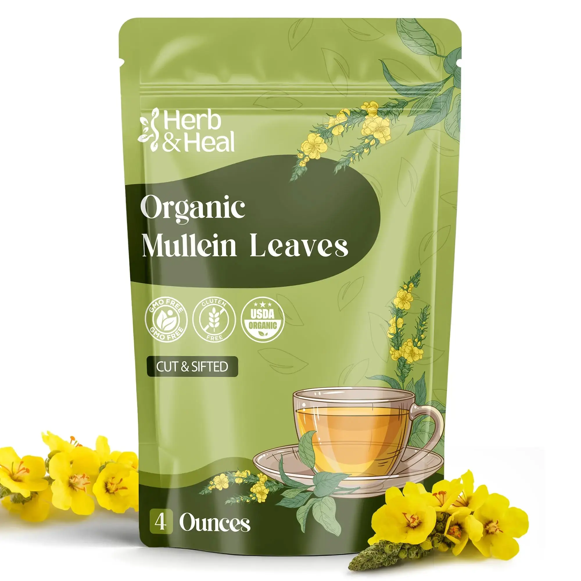Herb & Heal Organic Pure Mullein Leaf Herbal Tea - Loose Cut Stiff Herbs, Traditional Vegan, Gluten Free, Dairy Free, Halal, Kosher Natural Health Supplements Beverage, Loose Leaf