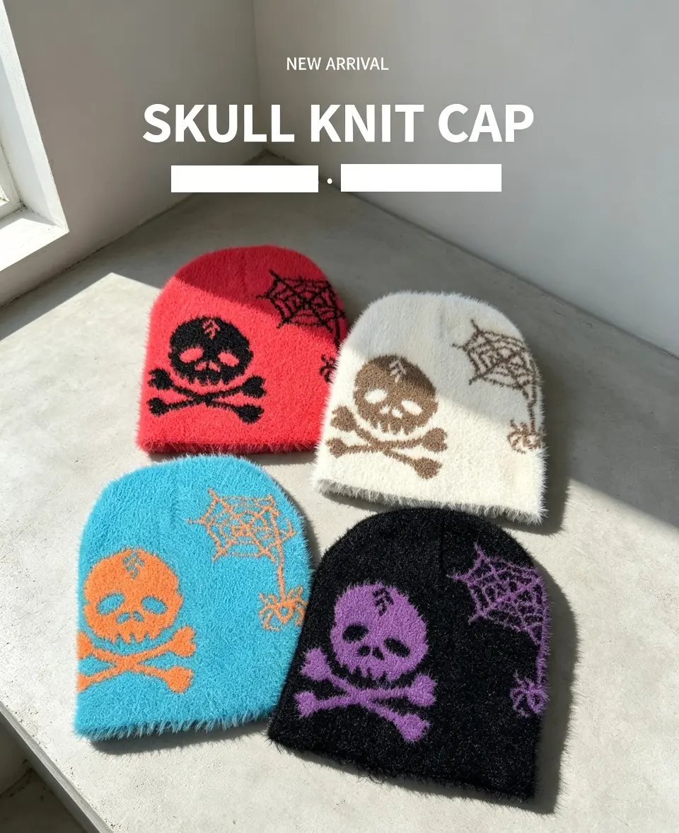 Autumn/Winter Faux Mink Knit Beanie – Halloween Pumpkin & Skull Jacquard – Novelty Festive Hat – Warm Woolen Cap