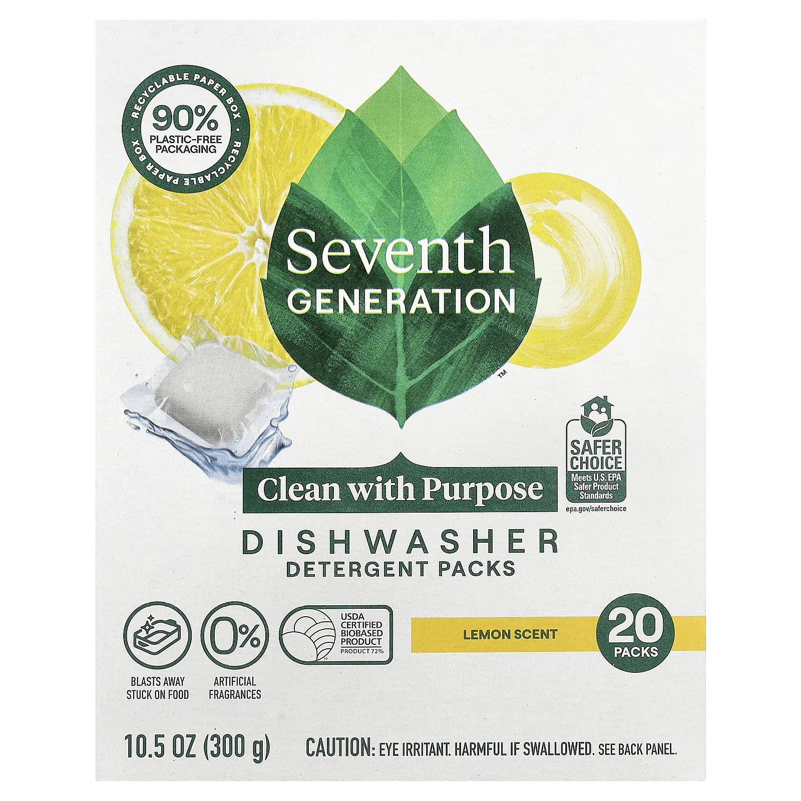 Seventh Generation Dishwasher Detergent Packs, Lemon Scent, 20 Packs, 10.5 oz (300 g)