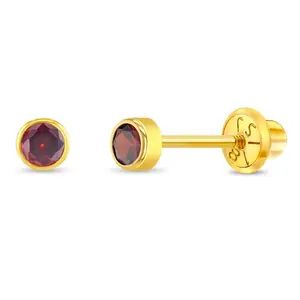 18k Gold Tiny Bezel Birthstone CZ Baby / Toddler / Kids Earrings Safety Screw Back