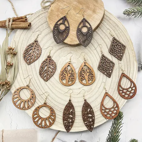 Vintage Wooden Earrings, Bohemian Earrings, Dangle Earrings Set, Drop Dangle Earrings, Dangly Earrings, Dangling Earrings, Vintage Statement Earrings, Boho Style for Women & Girls, Trendy All-match & Exquisite Jewelry for Birthday Gift