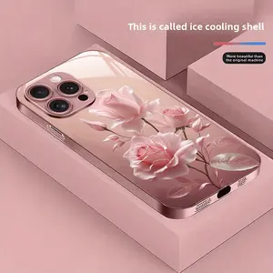 Pink Rose Pattern Pink Metallic Paint Tempered Glass Hard Phone Case Suitable for iPhone 17 Pro Max Phone Case 17 Air 16E 16 Pro Max 15 Pro Max 15 Plus 14 Plus 13 12 11 Phone Cases