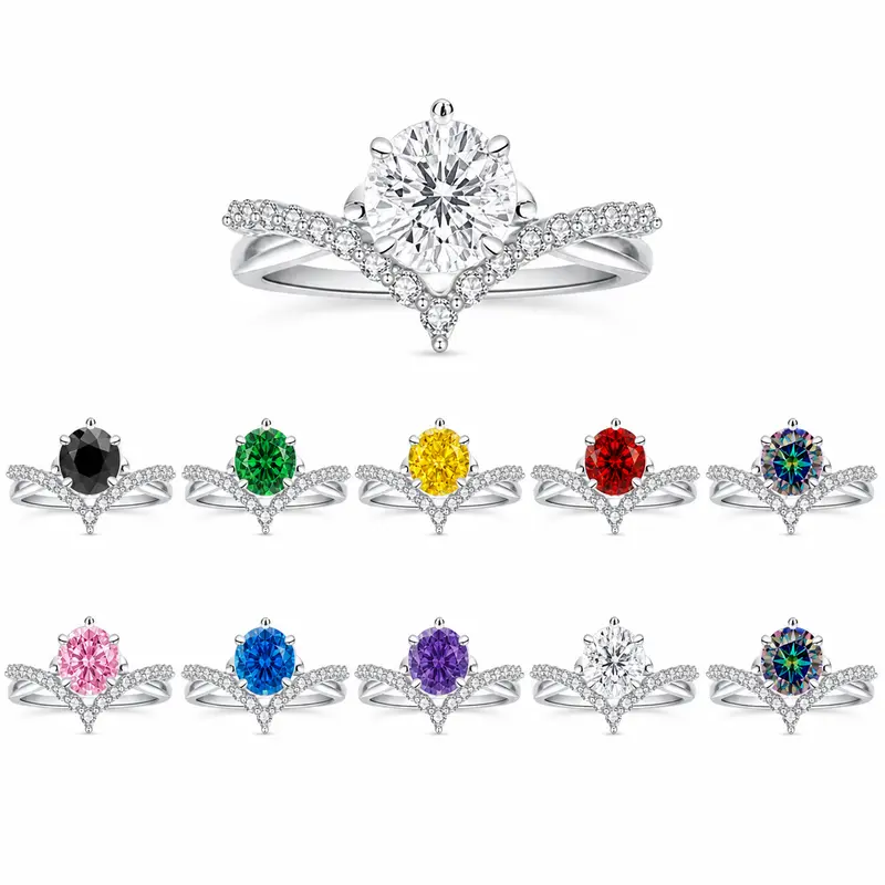 Women's S925 Sterling Silver 1CT Round Moissanite Ring - 4-Prong Princess Crown Heart Design, Color Options, Engagement Wedding Anniversary Gift