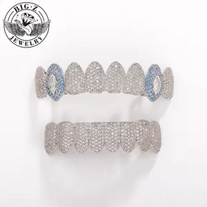 【Fashionable and casual】Hip hop grill jewelry micro inlaid zircon teeth braces rapper accessories, Glacier Blue vampire COS, unisex, Christmas and Halloween costume star accessories, New Year gifts