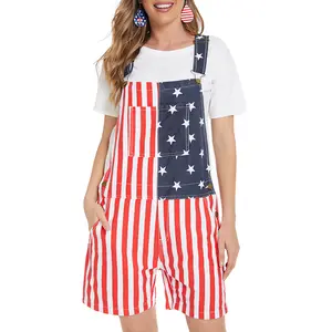 Odefou 4th of July Women American Flag Overalls Stretch Denim Coveralls Shorts Couples Outfits, Gifts for Mom