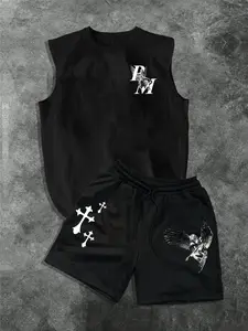 Men's Fashion Casual Two-Piece Set, Outfit, Pm Nun & Jesus Print Sleeveless Vest and Drawstring Shorts, Summer Sports, Loose Street Style