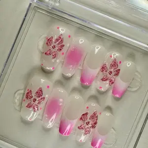 IHeartBeaute - Medium Length coffin shape pink French tip 3D flower floral trendy 10pc handmade Press On Nails Glossy Finished nail art