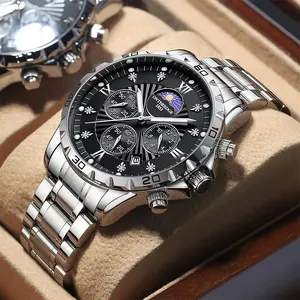 Men's Luxury Moon Phase Quartz Watch - Stainless Steel Wristwatch with Date, Chronograph Subdials, Diamond Markers, Luminous Hands, Classic Business Dress Watch for Men, Perfect Gift for Husband Dad
